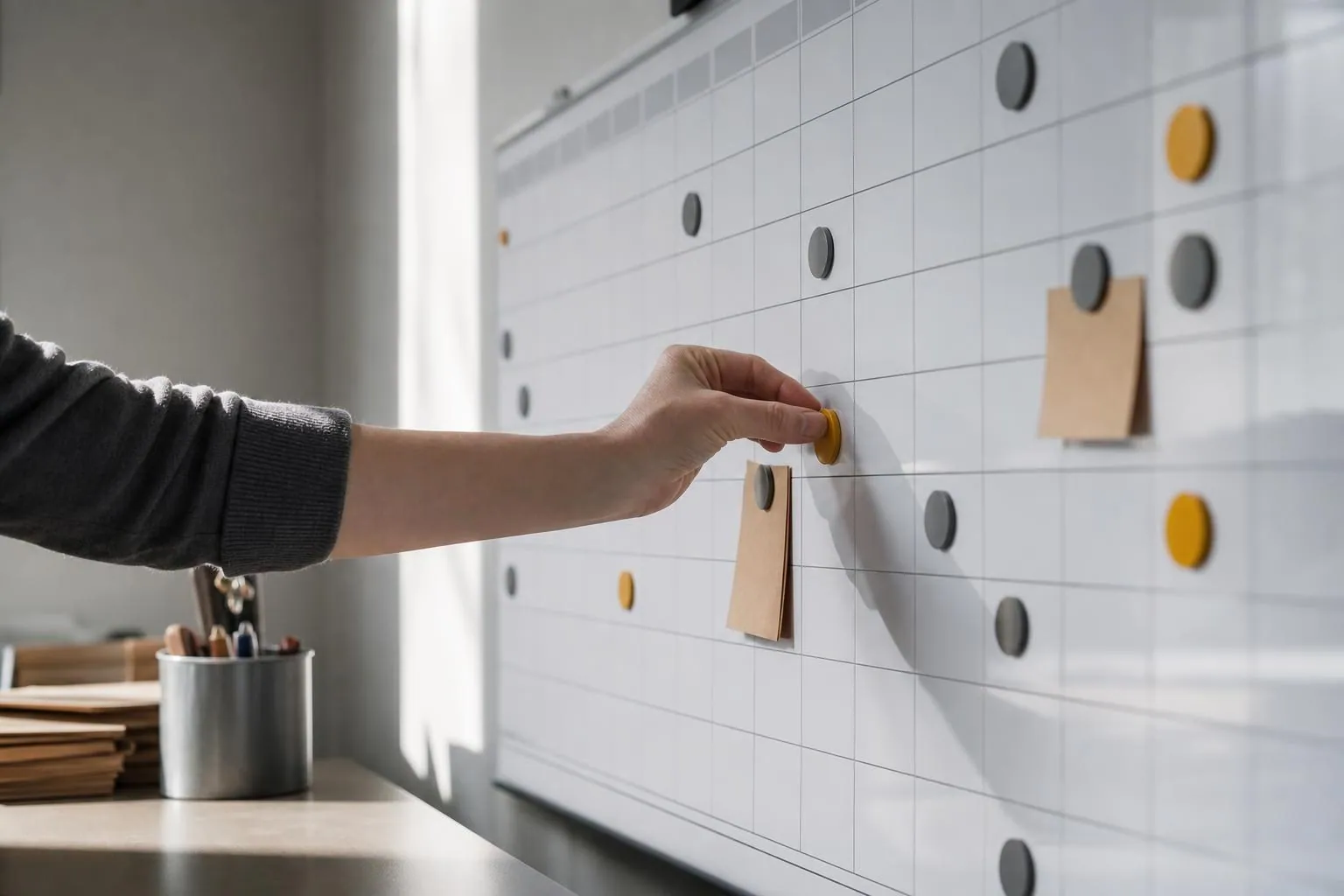 Une main pose une pastille aimantée sur un planning mural annuel accroché dans un bureau de service