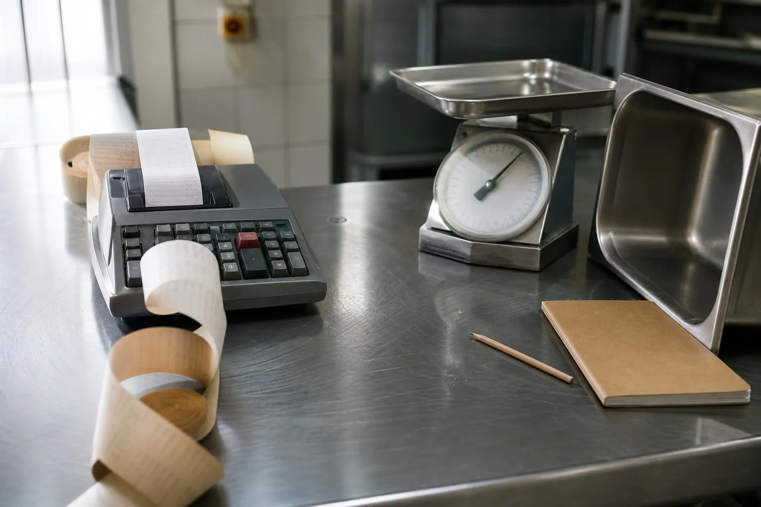 Gros plan sur une calculatrice de bureau à bande papier posée près d’une balance de cuisine professionnelle