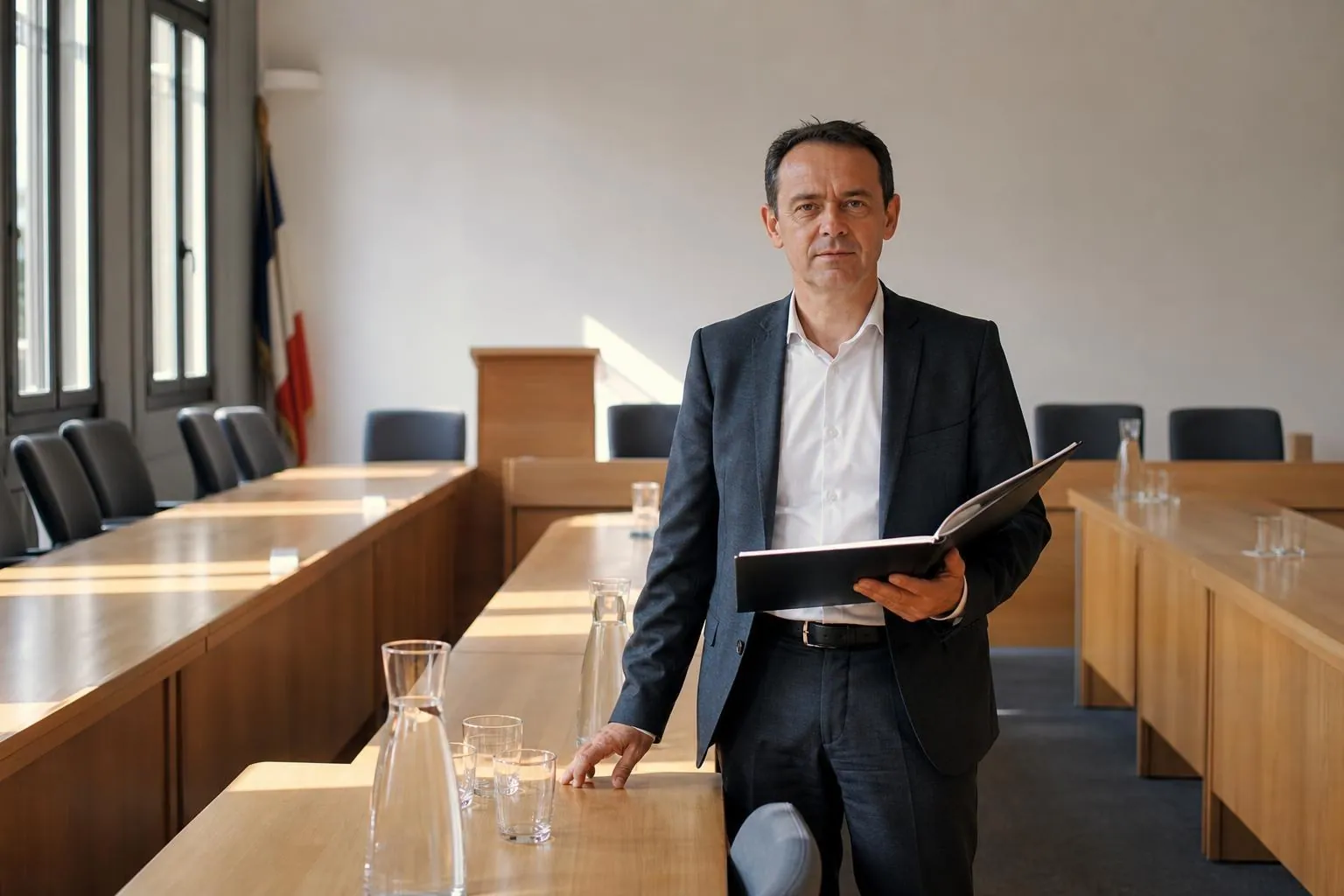 Un directeur général des services debout dans une salle de conseil communautaire vide, un dossier de séance à la main