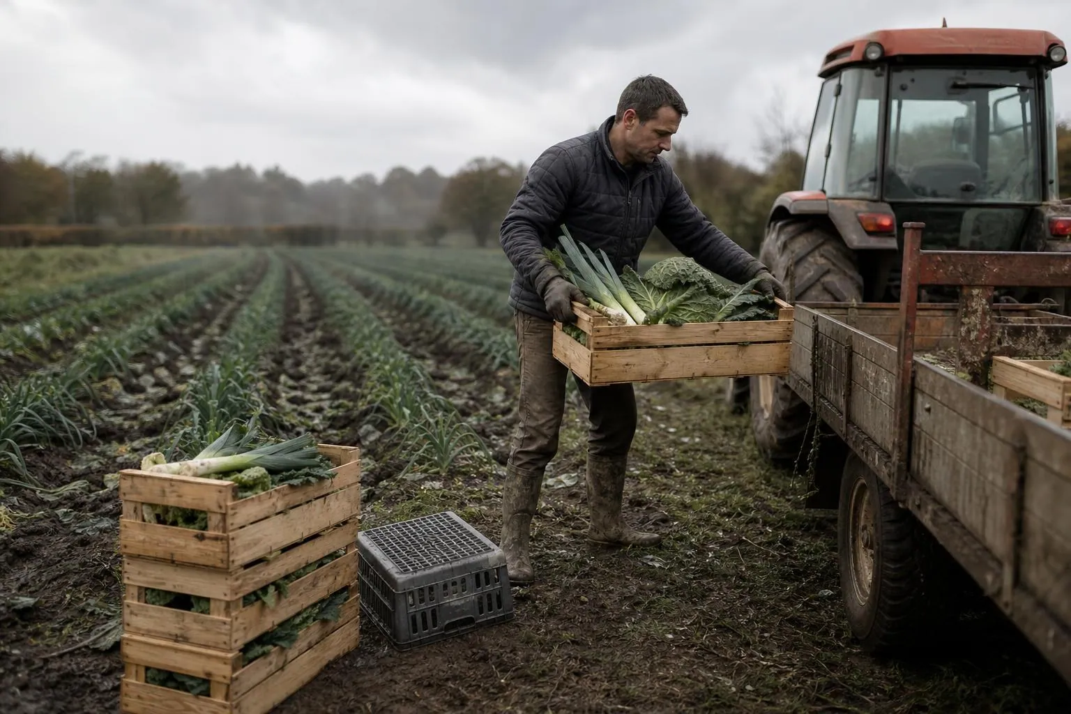 Un maraîcher charge des cageots de légumes dans une remorque au bord d’un champ aux rangs parallèles