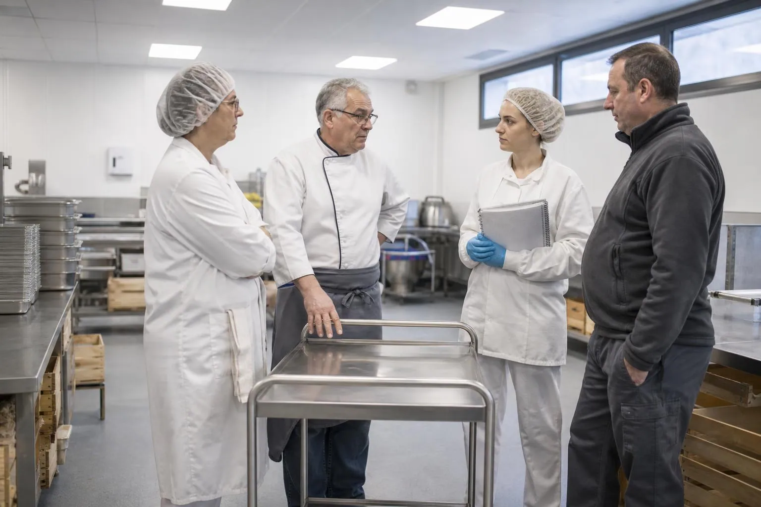 Quatre agents d’une cuisine centrale font un point debout autour d’un chariot inox au petit matin