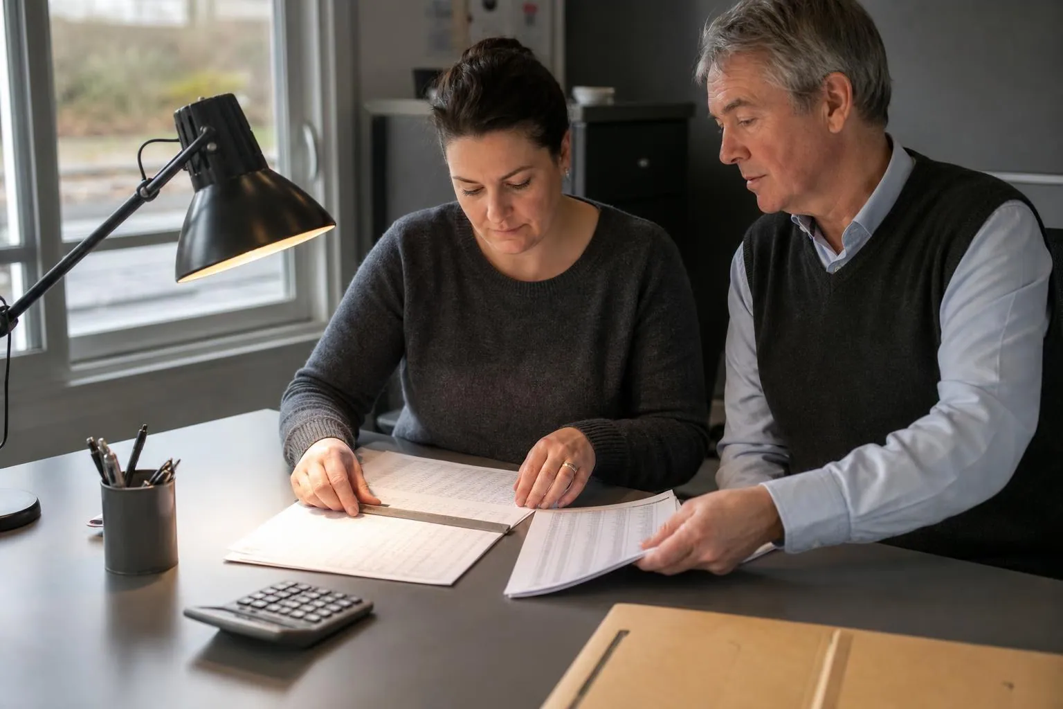 Deux agents territoriaux comparent deux listings imprimés posés côte à côte sous une lampe d’architecte