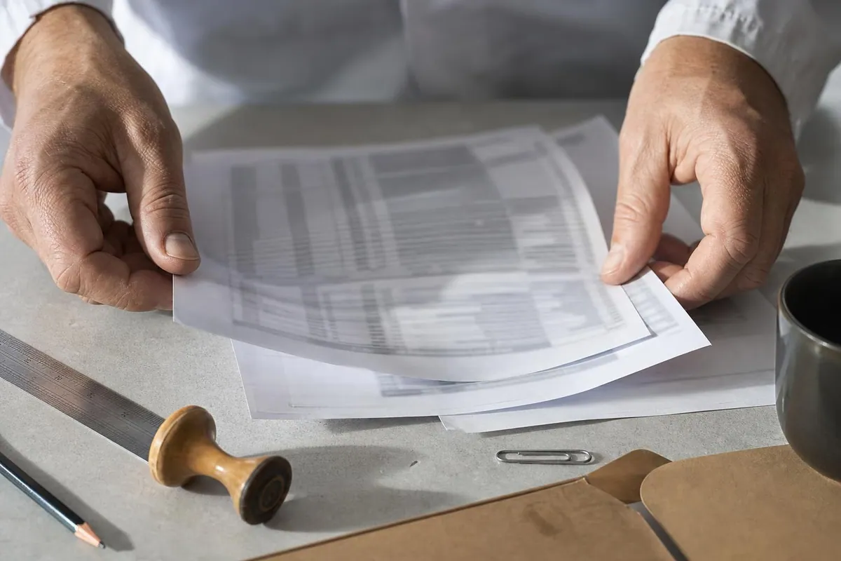 Gros plan de mains triant des factures et des bons de livraison étalés sur un plan de travail avec une règle métallique