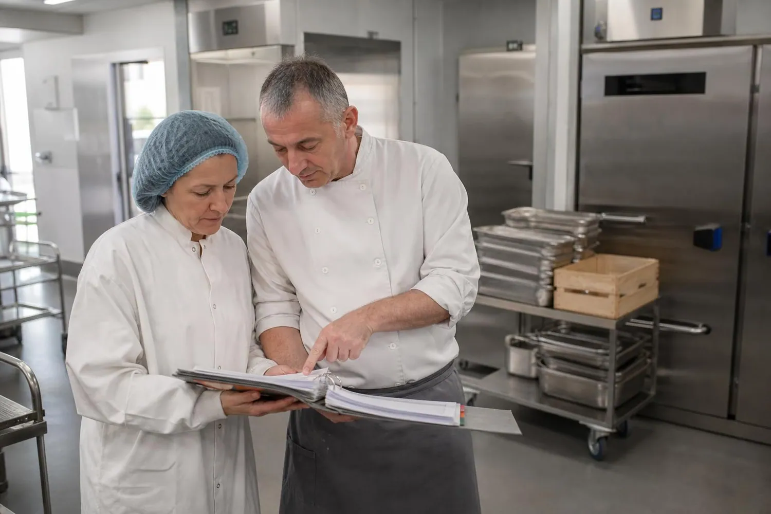 Une responsable de restauration et un cuisinier consultent ensemble un classeur de bons de livraison dans une cuisine centrale scolaire