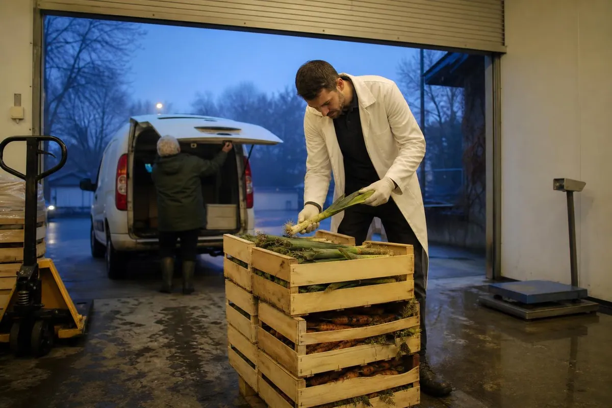 Un agent de cuisine centrale contrôle des cageots de légumes sur le quai de réception au petit matin